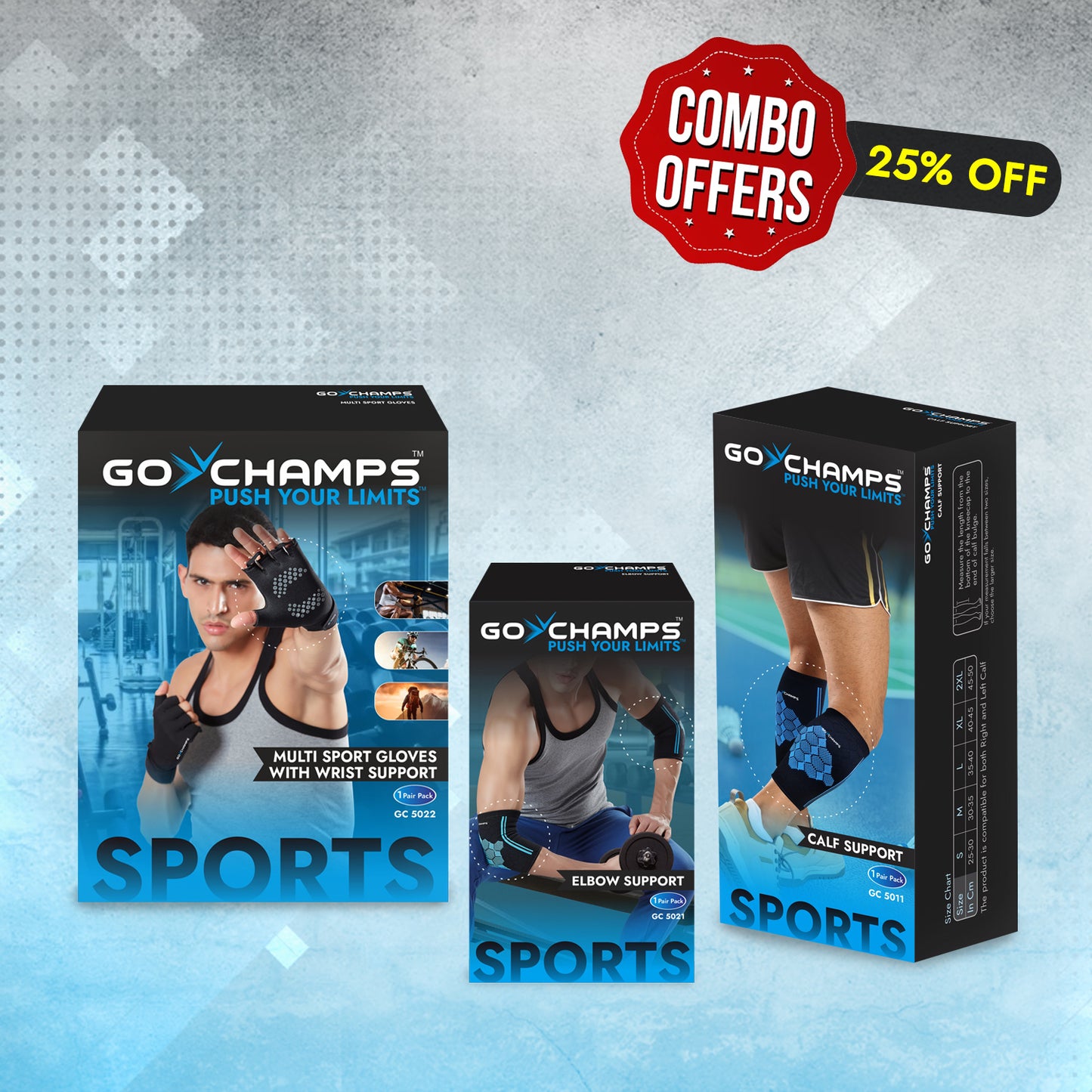 GoChamps Calf Support + Multi Sports Gloves With Wrist Support + Elbow Support